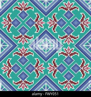 Abstract Ornamental Seamless Vector Pattern as a stylish Fabric Knitted geometric and floral texture mainly in turquoise and blu Stock Vector
