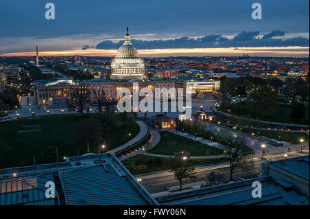 Twilight view of the U.S. Capitol looking toward the Washington Monument as renovations near completion April 1, 2016 in Washington, DC. Stock Photo