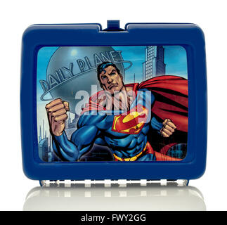 Winneconne, WI - 8 April 2016:  Lunch box featuring Superman on an isolated background. Stock Photo