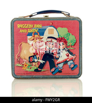 Winneconne, WI - 8 April 2016:  Lunch box featuring Raggedy Ann and Andy on an isolated background. Stock Photo