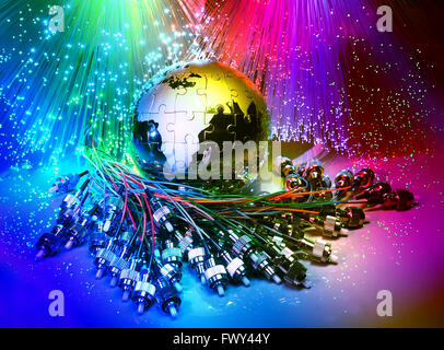 world map technology style against fiber optic background Stock Photo