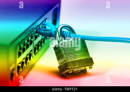 network and data protection concept with padlock and switch Stock Photo