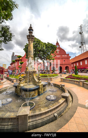 MALACCA, MALAYSIA - DEC 4, 2015: Water fountain in front of Christ Church & Dutch Square in Malacca City, Malaysia. It was built Stock Photo