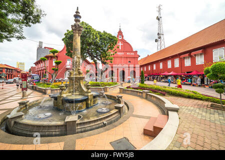 MALACCA, MALAYSIA - DEC 4, 2015: Water fountain in front of Christ Church & Dutch Square in Malacca City, Malaysia. It was built Stock Photo