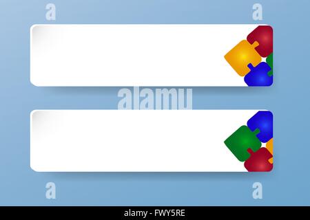 Two paper rectangles with the decor of the puzzle. On each shape is the decor of the puzzle of a different color. Stock Vector