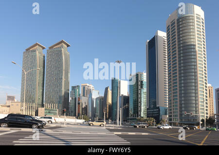 DOHA, QATAR - FEBRUARY 17, 2016: Doha's Dafna business district seen from the Corniche junction. Stock Photo
