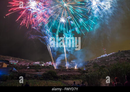 Fireworks at night during the celebration of El Cristo Holidays in San Cristobal de La Laguna Stock Photo