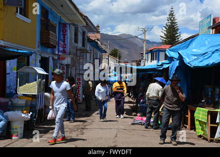 The street market in Urubamba Peru where you can buy anything from potatoes to toys. Stock Photo