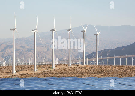Windmill and solar energy in Palm Springs California. Windmills and Turbines in Desert by Mountains. Stock Photo