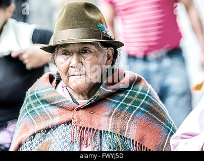 Banos De Agua Santa - 29 November 2014: Old Indigenous Woman On The Streets Of Banos De Agua Santa In Banos De Agua Santa Stock Photo