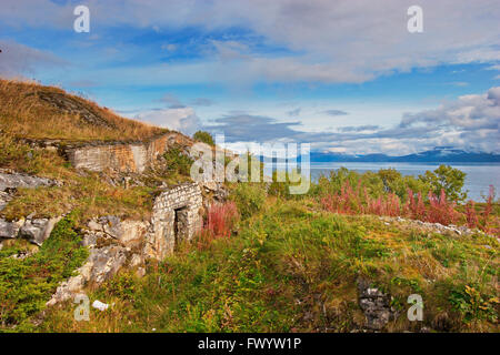 One of the battlements lining the coast near the former naval base which the Germans had installed in Bogen bay in Evenes during Stock Photo