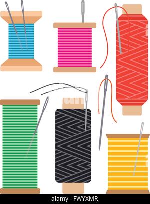 Colorful spools of sewing thread and sewing needles Stock Vector