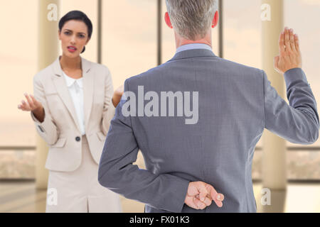 Composite image of rear view of businessman taking oath with fingers crossed