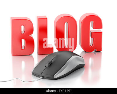 3D Illustration. Word blog with pc mouse. Network Communications. Isolated white background. Stock Photo