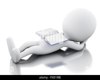 3D Illustration. White people relaxing and reading a book. Isolated white background. Stock Photo