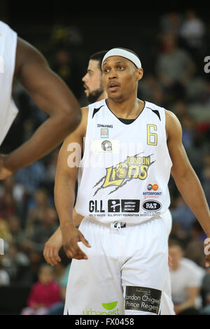 Stratford, UK. 08th Apr, 2016. Copper Box Arena, Stratford, United Kingdom - British Basketball Leage match between London Lions and Worcester Wolves - Andre Lockhart of London Credit:  Samuel Bay/Alamy Live News Stock Photo