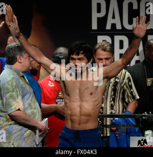 Las Vegas NV, USA. 8th Apr, 2016. Manny Pacquiao weighs in at 145.5 pounds during todays weigh-in Friday. Manny Pacquiao will be fighting Timothy Bradley for the 3rd time for the welterweight championship Saturday, April 9, at the MGM Grand Garden Arena in Las Vegas, Nevada.Photo by Gene Blevins/LA Daily News/ZumaPress Credit:  Gene Blevins/ZUMA Wire/Alamy Live News Stock Photo