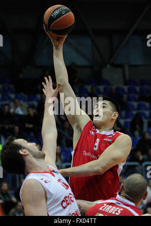 Zagreb, Croatia. 8th Apr, 2016. Luka Mitrovic (R) of Crvena Zvezda Belgrade goes for the basket during the Euroleague Top 16 basketball match against Cedevita Zagreb at Drazen Petrovic Basketball Center in Zagreb, Croatia, April 8, 2016. Cedevita Zagreb won 83-62. © Miso Lisanin/Xinhua/Alamy Live News Stock Photo