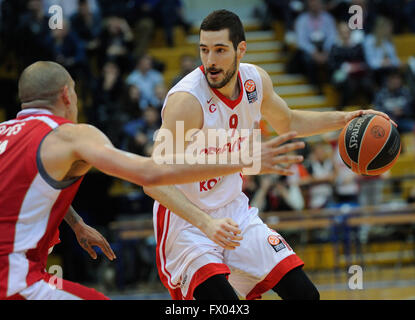 Zagreb, Croatia. 8th Apr, 2016. Luka Babic (R) of Cedevita Zagreb drives the ball during the Euroleague Top 16 basketball match against Crvena Zvezda Belgrade at Drazen Petrovic Basketball Center in Zagreb, Croatia, April 8, 2016. Cedevita Zagreb won 83-62. © Miso Lisanin/Xinhua/Alamy Live News Stock Photo