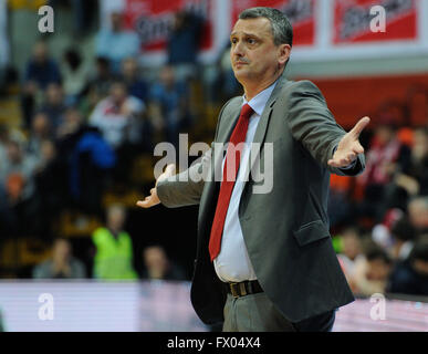 Zagreb, Croatia. 8th Apr, 2016. Dejan Radonjic, head coach of Crvena Zvezda Belgrade, reacts during the Euroleague Top 16 basketball match against Cedevita Zagreb at Drazen Petrovic Basketball Center in Zagreb, Croatia, April 8, 2016. Cedevita Zagreb won 83-62. © Miso Lisanin/Xinhua/Alamy Live News Stock Photo