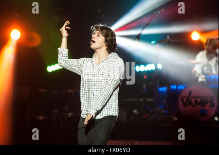 Glasgow, Scotland, UK. 08th Apr, 2016. Bradley Simpson of The Vamps performs on stage at The SEE Hydro on April 8, 2016 in Glasgow,Scotland. Credit:  Sam Kovak/Alamy Live News Stock Photo