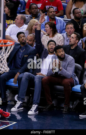 New Orleans, LA, USA. 08th Apr, 2016. New Orleans Pelicans forward Anthony Davis (23) raises his three fingers for a 3 point shot during an NBA basketball game between the Los Angeles Lakers and the New Orleans Pelicans at the Smoothie King Center in New Orleans, LA. Stephen Lew/CSM/Alamy Live News Stock Photo