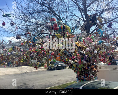 New York, USA. 06th Apr, 2016. The cherry tree Eugene Fellner has decorated with stuffed animals seen in front of his house in the borough of Brooklyn in New York, USA, 06 April 2016. Fellner attached 1,200 stuffed animals to the tree. The result is a whimsical piece of art that fascinates children and arouses anger from Fellner's neighbors. Photo: Johannes Schmitt-Tegge/dpa/Alamy Live News Stock Photo