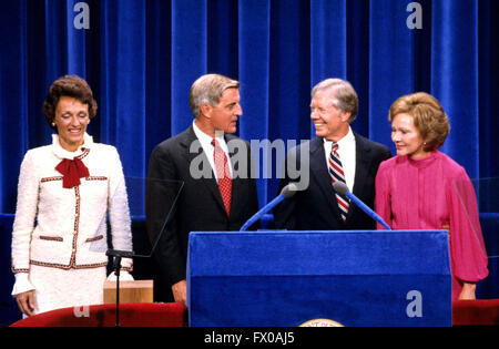 New York, New York, USA. 14th Aug, 1980. United States President Jimmy Carter, center right, and US Vice President Walter Mondale, center left, and their wives, first lady Rosalynn Carter, right, and Joan Mondale, left, on the podium after delivering their acceptance speeches at the 1980 Democratic National Convention in Madison Square Garden in New York, New York on August 13, 1980.Credit: Arnie Sachs/CNP © Arnie Sachs/CNP/ZUMA Wire/Alamy Live News Stock Photo