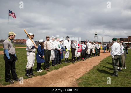 Detroit, Michigan USA - 9 April 2016 - A vintage base ball game, with rules and uniforms from the 1860s, is played to say farewell to Navin Field. As Navin Field and later Tiger Stadium, the field was home to the Detroit Tigers from 1912-1999. Since then, the field has been maintained by volunteers; it will now be redeveloped as a retail and residential complex with a playing field for youth sports. Team captains (right) choose players before the game begins. Credit:  Jim West/Alamy Live News Stock Photo