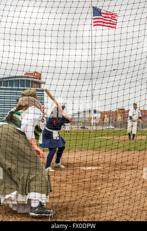 Detroit, Michigan USA - 9 April 2016 - A vintage base ball game, with rules and uniforms from the 1860s, is played to say farewell to Navin Field. As Navin Field and later Tiger Stadium, the field was home to the Detroit Tigers from 1912-1999. Since then, the field has been maintained by volunteers; it will now be redeveloped as a retail and residential complex with a playing field for youth sports. Credit:  Jim West/Alamy Live News Stock Photo