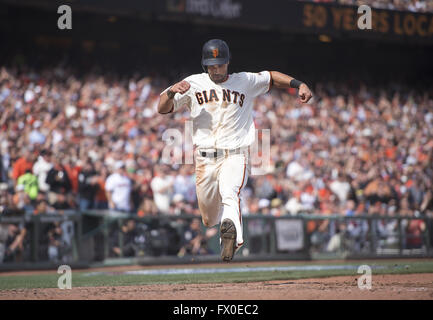 San Francisco, California, USA. 7th Apr, 2016. San Francisco Giants Angel Pagan scores in the sixth inning during the home opener at AT&T Park. © Paul Kitagaki Jr/Sacramento Bee/ZUMA Wire/Alamy Live News Stock Photo