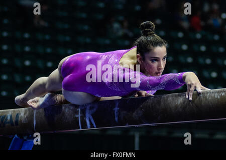 Everett, USA. 9th Apr, 2016. Olympian ALY RAISMAN from the United States warms up on beam before the 2016 Pacific Rim Gymnastics Championships. © Amy Sanderson/ZUMA Wire/Alamy Live News Stock Photo