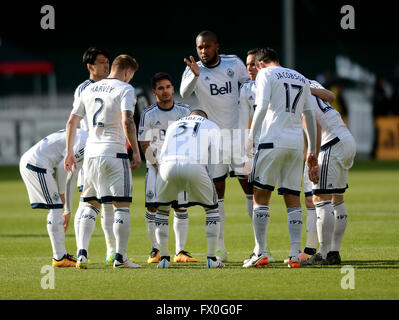 Washington, DC, USA. 9th Apr, 2016. 20160409 - Vancouver Whitecaps defender KENDALL WATSON (4) addresses his teammates before the start of an MLS match against D.C. United at RFK Stadium in Washington. © Chuck Myers/ZUMA Wire/Alamy Live News Stock Photo