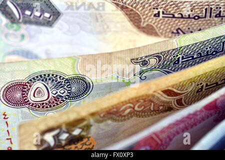 Close up different Dirhams currency note and coins, United Arab Emirates Stock Photo