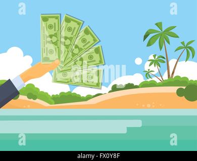 Hand Hold One Hundred 100 Dollars Banknote Tropical Island Stock Vector