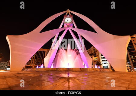 Dubai Clock Tower round about at night with long exposure, Deira, Dubai, United Arab Emirates Stock Photo