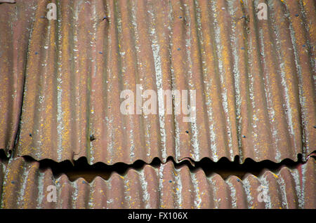 Old roof made of corrugated metal plate. Stock Photo