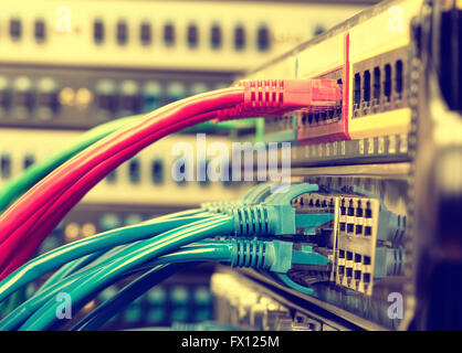 network cables and hub closeup with fiber optical background Stock Photo