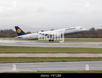 Lufthansa Airbus A321 narrow-body passenger plane (D-AIRO) taking off from Manchester International Airport runway. Stock Photo