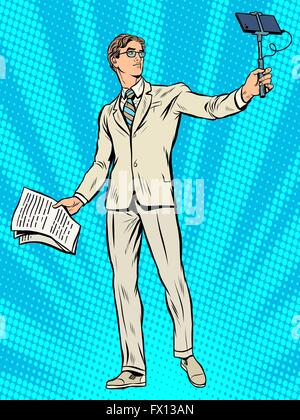 Narcissism businessman Apollo Narcissus makes a selfie Stock Vector