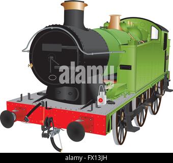 A detailed vector illustration of a veteran Green and Black Steam Shunting Locomotive or Switcher with brass fittings isolated on white Stock Vector