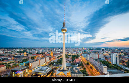 Berlin skyline with famous TV tower at Alexanderplatz in twilight at dusk, Germany