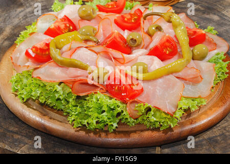 Ham plate, ham, pepperoni, tomatoes, olive, lettuce, garnished with mint Stock Photo