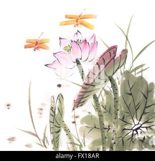 Chinese painting of a Lotus and dragonfly Stock Photo