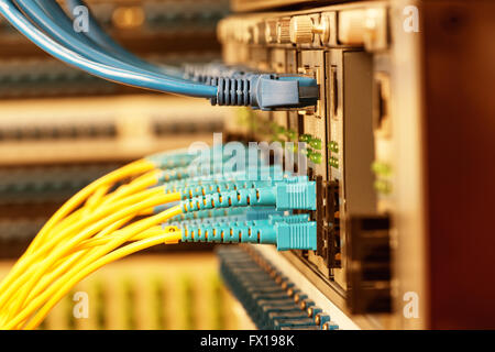 Fiber Optic cables connected to an optic ports and Network cables connected to ethernet ports Stock Photo