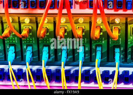 Fiber optic connecting on core network swtich Stock Photo