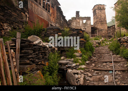 Ushguli or Ushkuli is a community of villages located at the head of the Enguri gorge in Upper Svaneti, Georgia. Stock Photo