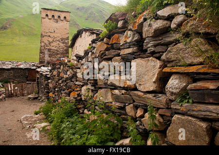 Ushguli or Ushkuli is a community of villages located at the head of the Enguri gorge in Upper Svaneti, Georgia. Stock Photo