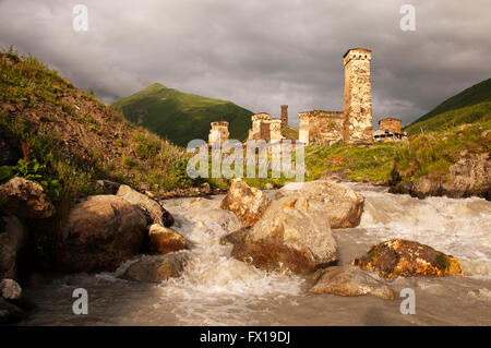 Ushguli or Ushkuli is a community of villages located at the head of the Enguri gorge in Upper Svaneti, Georgia. Stock Photo