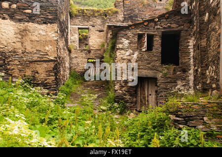 Ushguli or Ushkuli is a community of villages located at the head of the Enguri gorge in Upper Svaneti, Georgia. Stock Photo